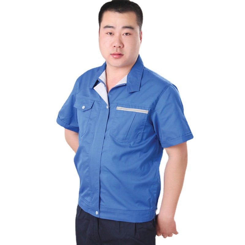夏款全袖工艺涤棉细斜纹工作服套装工厂车间劳保工装制服-阿里巴巴