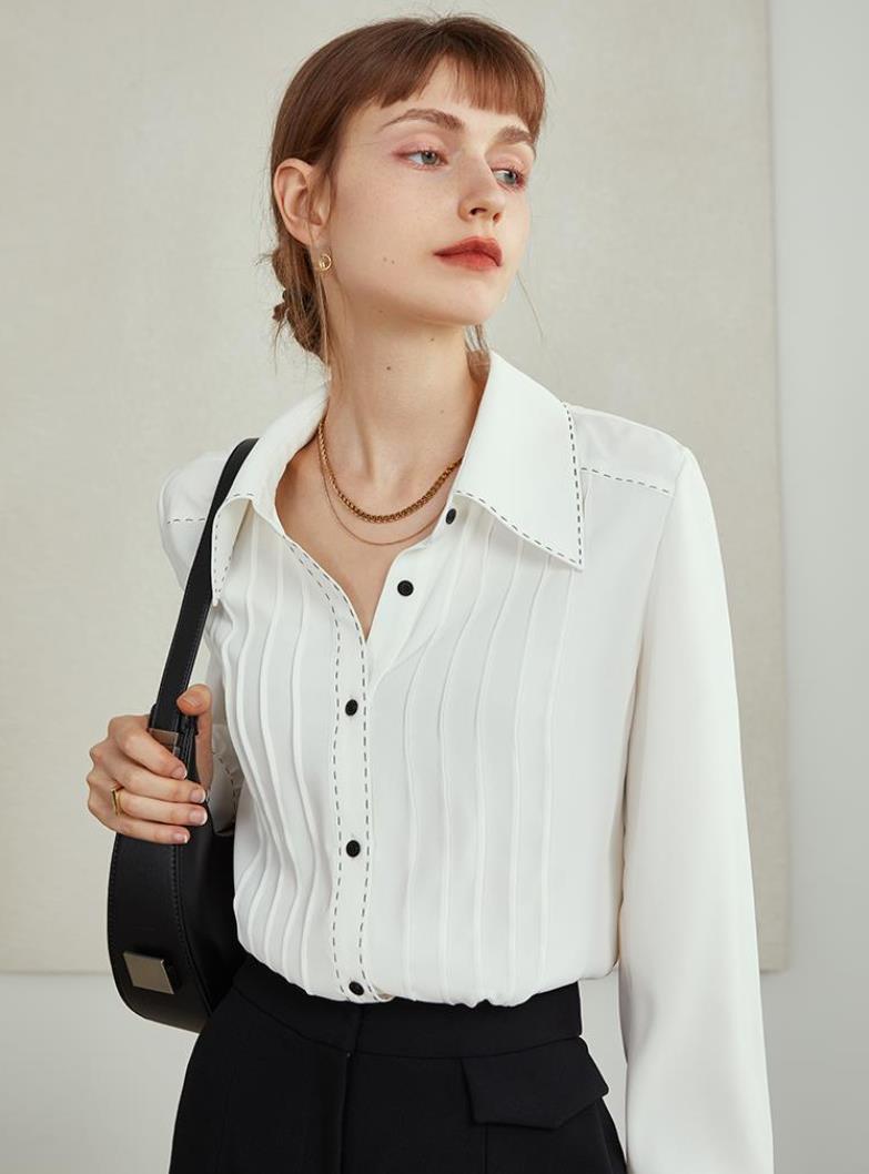 范思蓝恩通勤风撞色拱针工艺打条衬衫