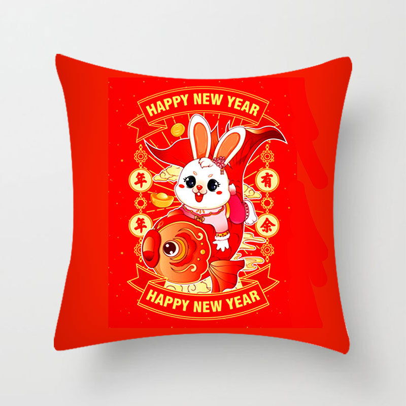 2023 Spring Festival Rabbit Cartoon Printed Pillowcase New Year National Fashion Pillow Bedroom Short Plush Bed Throw Pillowcase