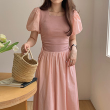 韩国chic夏季法式甜美方领撞色条纹抽绳收腰显瘦泡泡袖连衣裙女