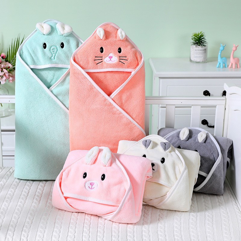 Newborn Baby Swaddling Quilt Coral Fleece Wrapping Towel Bath Towel for Children Embroidery Hug Blanket Hoodie Cloak Hooded Gro-Bag Baby Cape