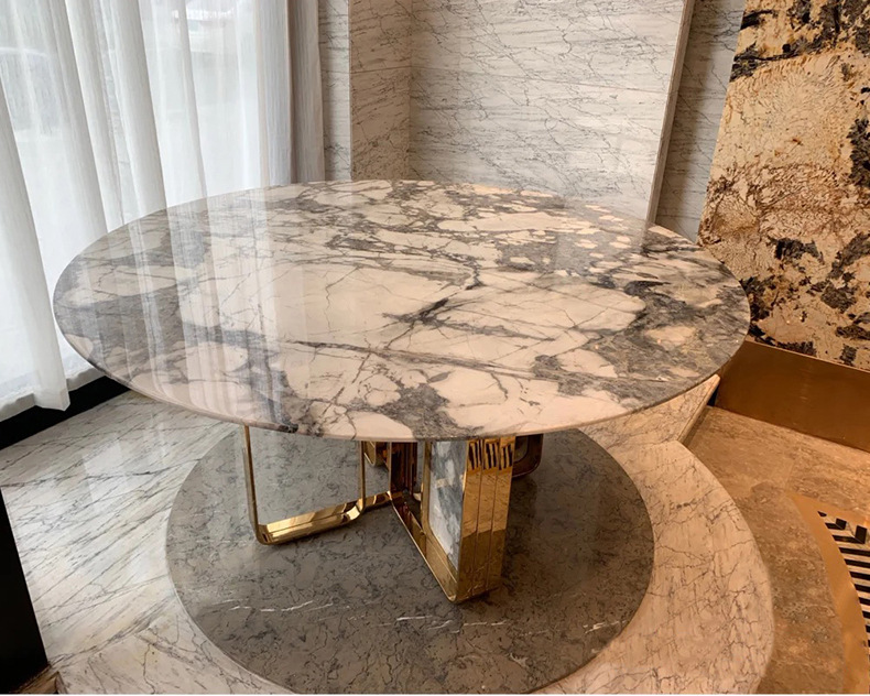 意大利寒江雪奢石餐桌 高档别墅furniture大平层轻奢大理石圆餐桌