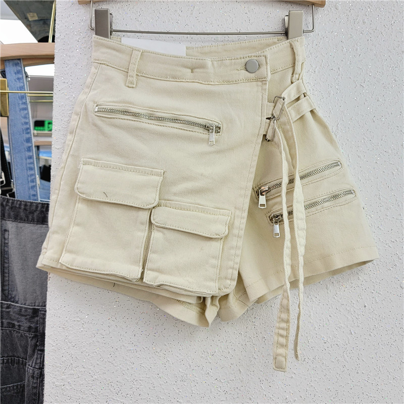 Korean Style Irregular Multi-Pocket Workwear A- line Shorts Women's Loose Wide-Leg Pants 2023 Spring and Summer New Denim Skirted Leggings