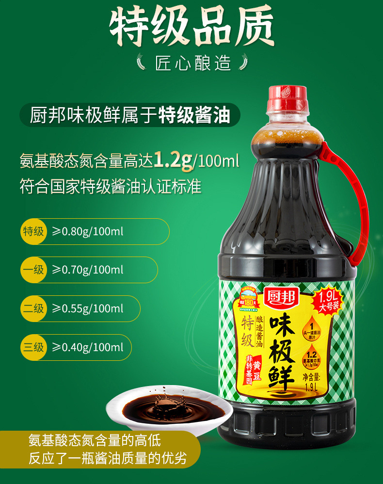 厨邦味极鲜特级酱油1.9l鲜味生抽美味鲜酱油红烧小瓶家用酱油批发