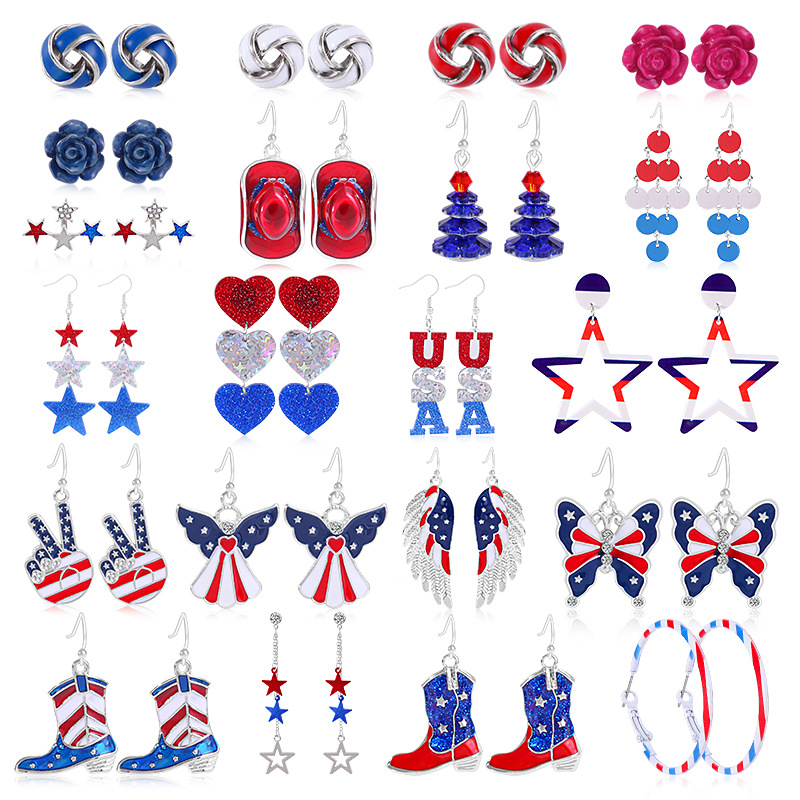 Amazon American Independence Day Earrings National Flag Red Blue White Pendant Ornaments Butterfly Lips Love Heart Earrings