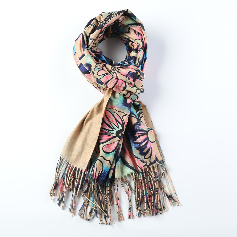 New Autumn and Winter Cashmere Digital Duplex Printing Scarf Oil Painting Flower Style Scarf Cross-Border Shawl Wholesale