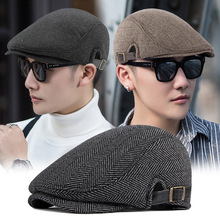 帽子男秋冬加厚加绒保暖鸭舌帽英伦复古毛呢贝雷帽中老年人前进帽
