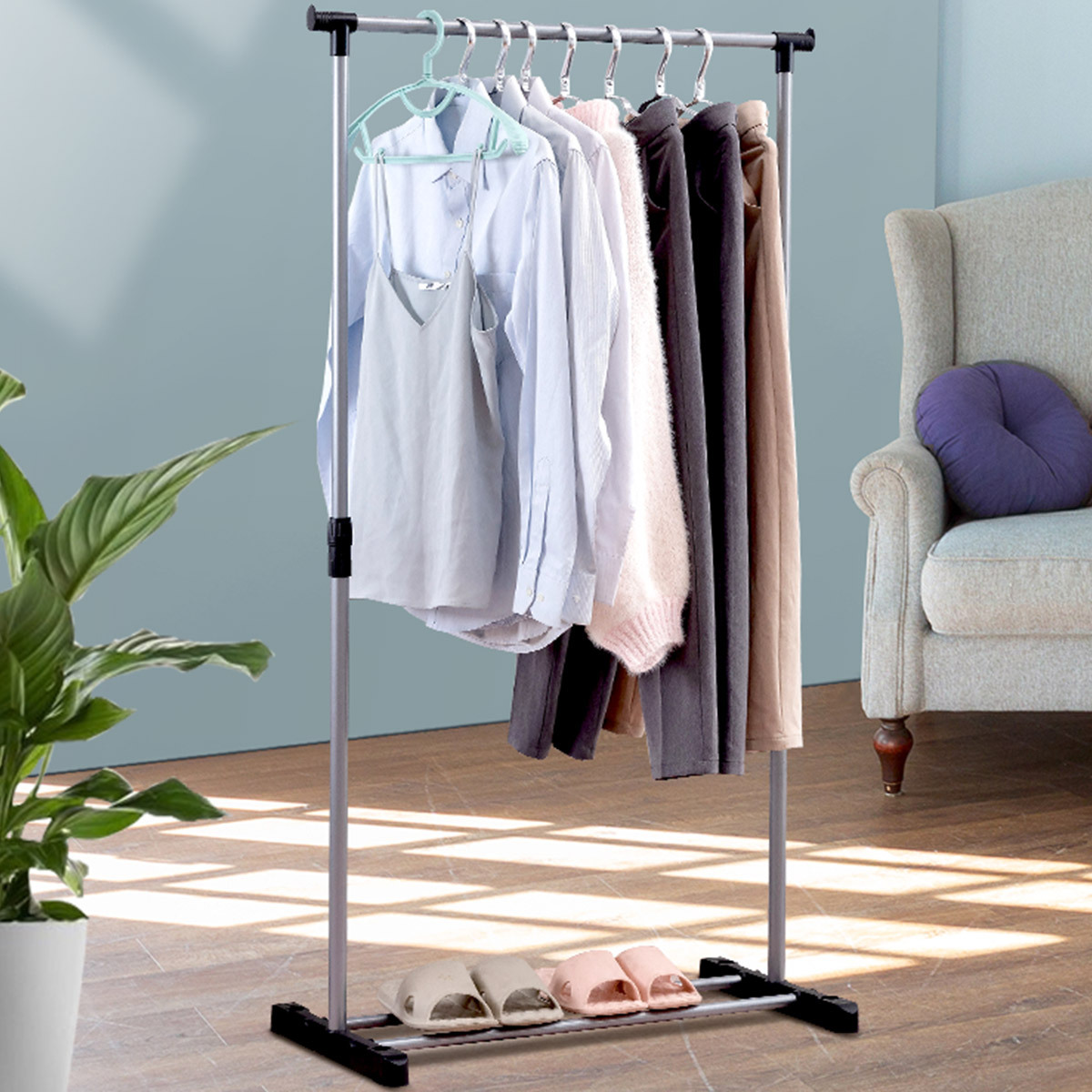 阳台落地晾衣架室内伸缩单杆晒衣架卧室衣服晾衣杆简易挂衣架子