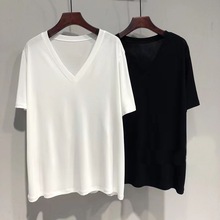 欧货大版白色纯棉短袖T恤女装2024年新款夏季设计感小众v领上衣潮