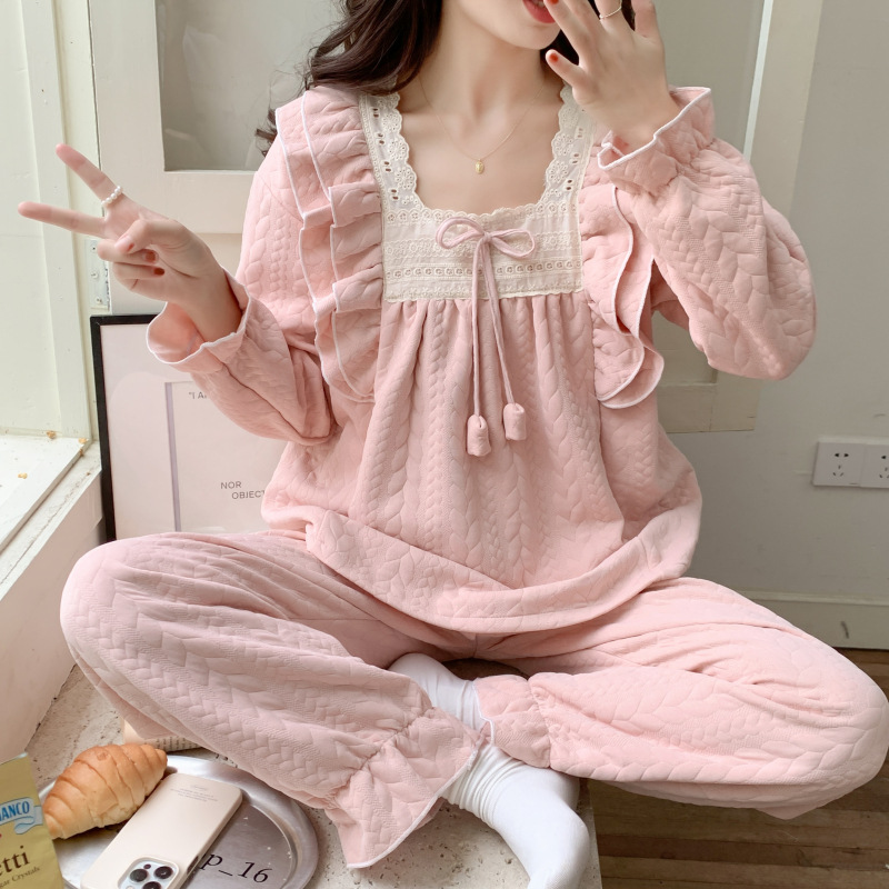 睡衣女秋冬季加厚空气棉夹层公主风长袖甜美保暖家居服套装可外穿