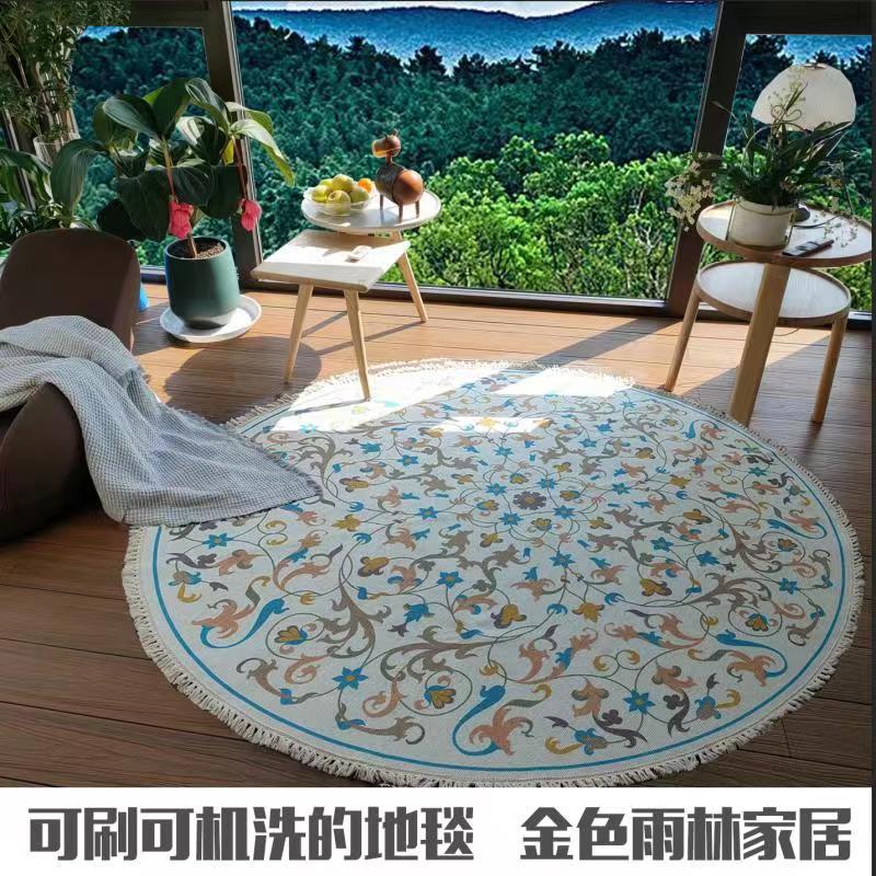 Cross-Border Ethnic Style Tassel Carpet Household Coffee Table Living Room Printed Mat round Cotton Linen Bedroom Bedside Blanket Non-Slip