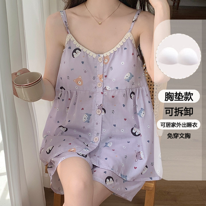 甜美卡通吊带带胸垫可拆卸夏季梭织棉睡衣女套装短裤家居服可外穿