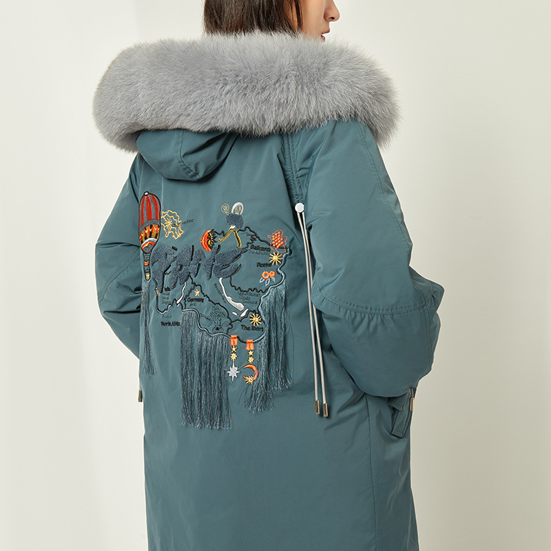 2023 Winter New Mid-Length Thickened down Jacket Heavy Industry Quality Embroidery Craft Coat Hooded Fur Collar Parka