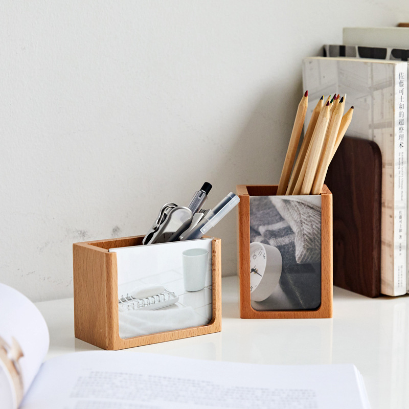 Solid Wood Pen Holder Creative Fashion Stationery Storage Box Desktop Office Pen Container Decoration Wooden Photo Frame