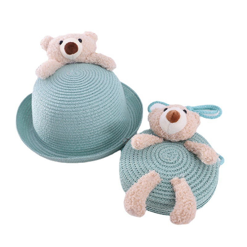 Spring and Summer New Children's Bags Straw Hat Set Dome Small Flip Hat Clothes Accessories Sun-Proof Breathable Straw Woven round Bag