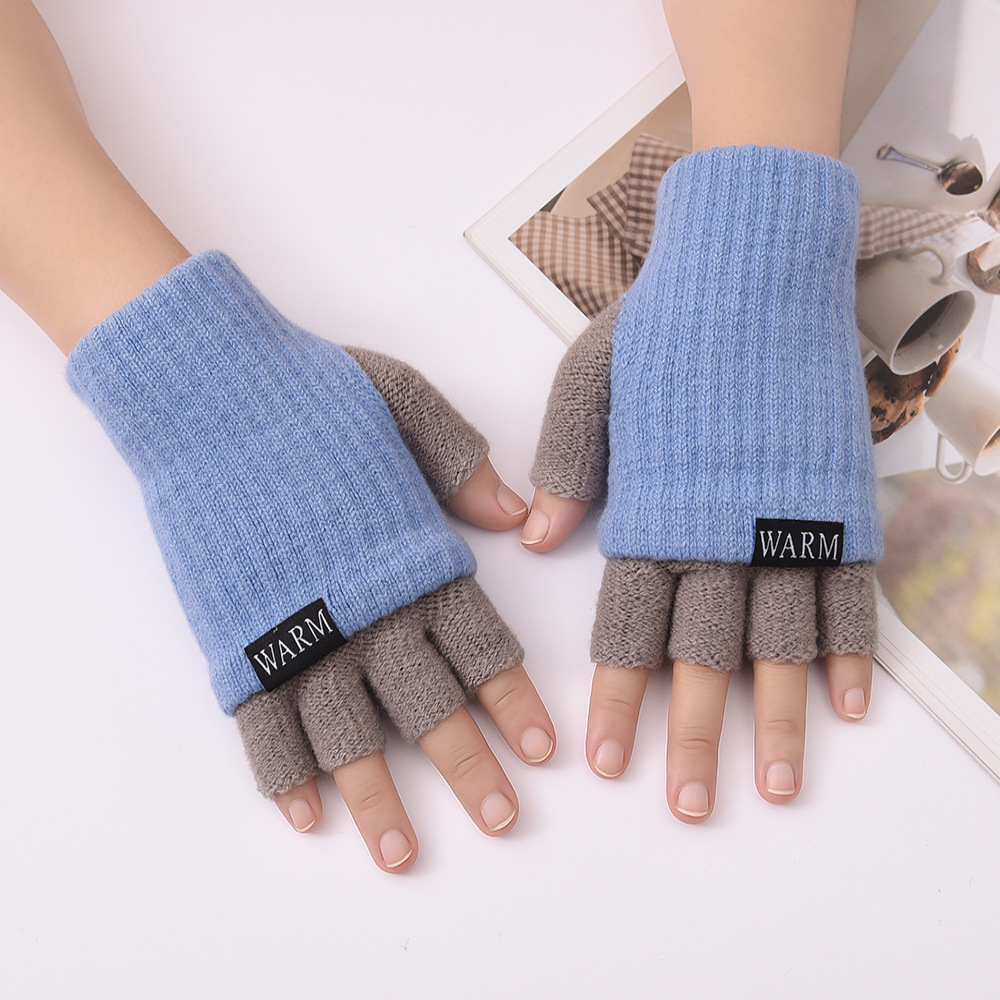 半指手套女冬双层加厚保暖韩版可爱学生写字毛线五指漏指手套工作