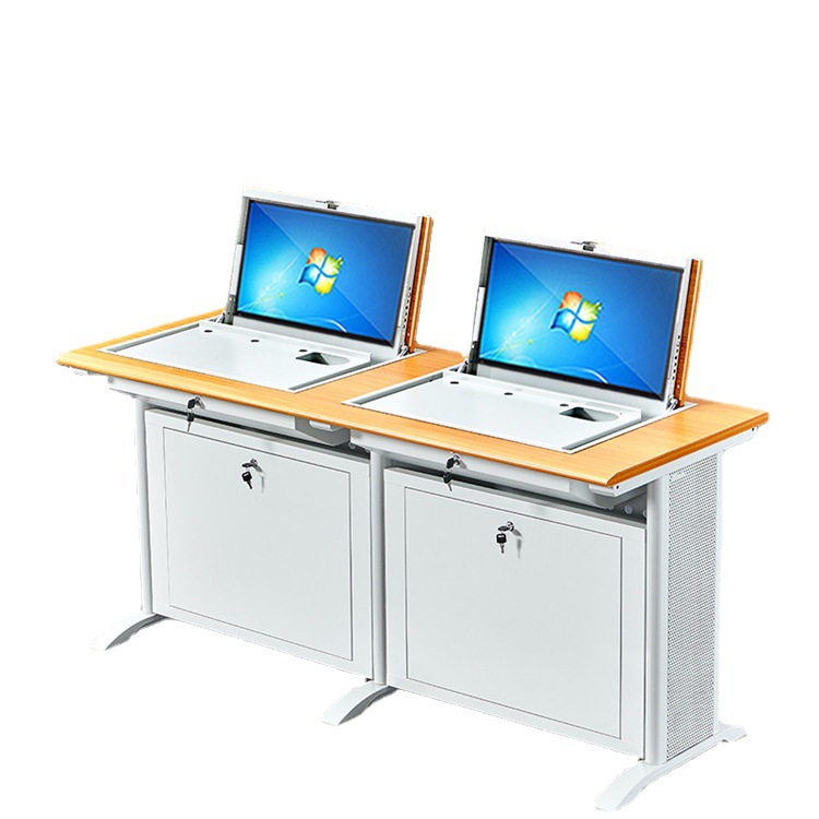 翻转电脑桌自动升降显示器隐藏式电脑桌学校多媒体电教室部队机房
