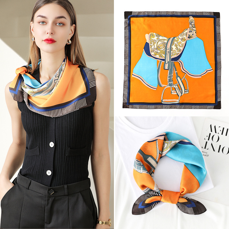 Silk Scarf 2024 Summer New Plaid Saddle Duplex Printing 70 Small Silk Scarf Square Scarf Wholesale Retro Arm Bag Ribbon