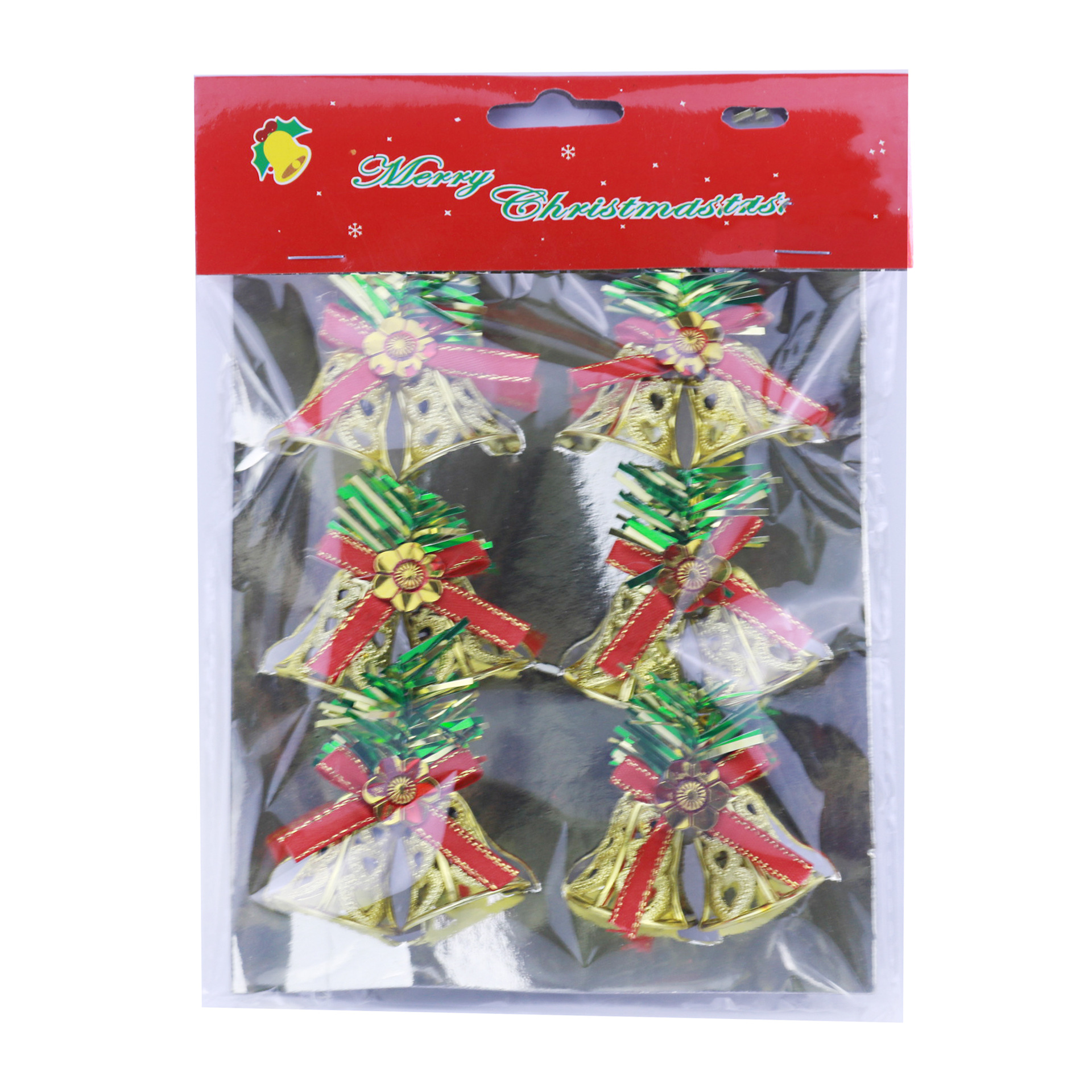 3cm 6/Card Double Bell Christmas Decoration Stick Word Plate Bow Christmas Tree Decorations Pendant Direct Sales