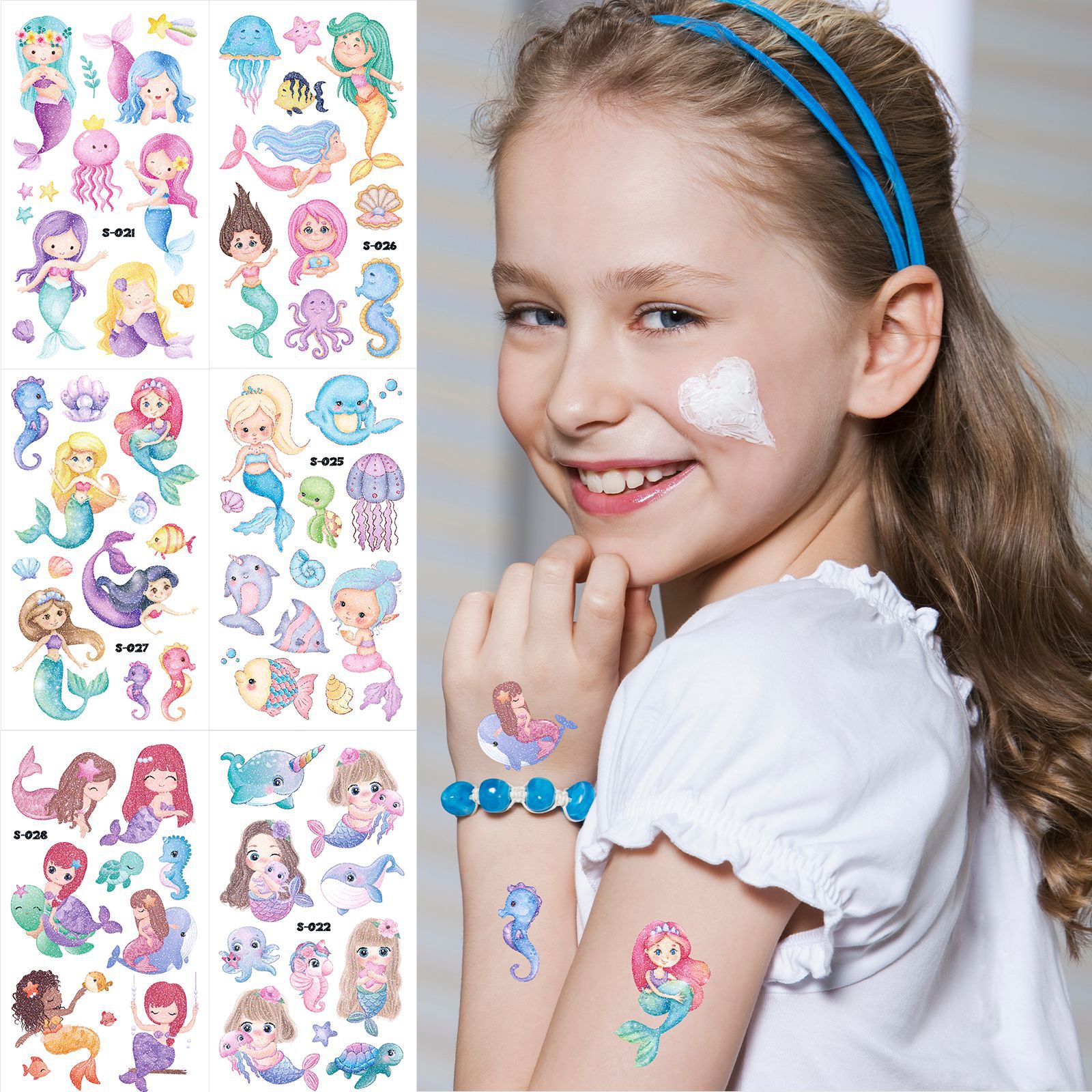 2023 new children‘s watercolor style mermaid tattoo sticker glitter unicorn glitter waterproof tattoo sticker paper