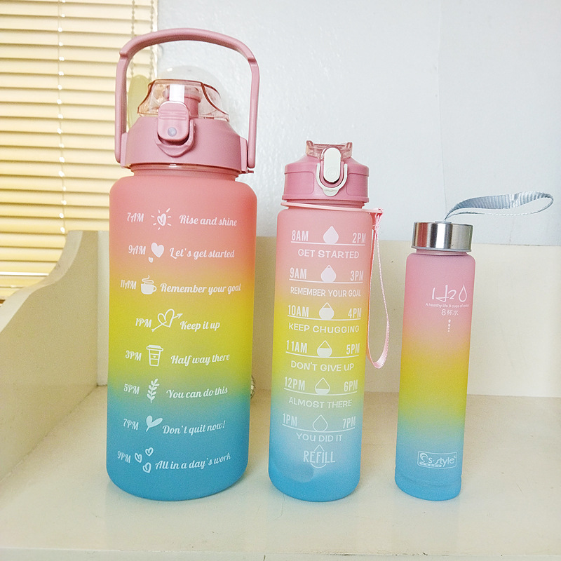 Large Capacity Three-Piece Cup Gradient Color Water Cup Sports Kettle Bounce Cover Student Rainbow Cups Set 3pcs Sports Bottle