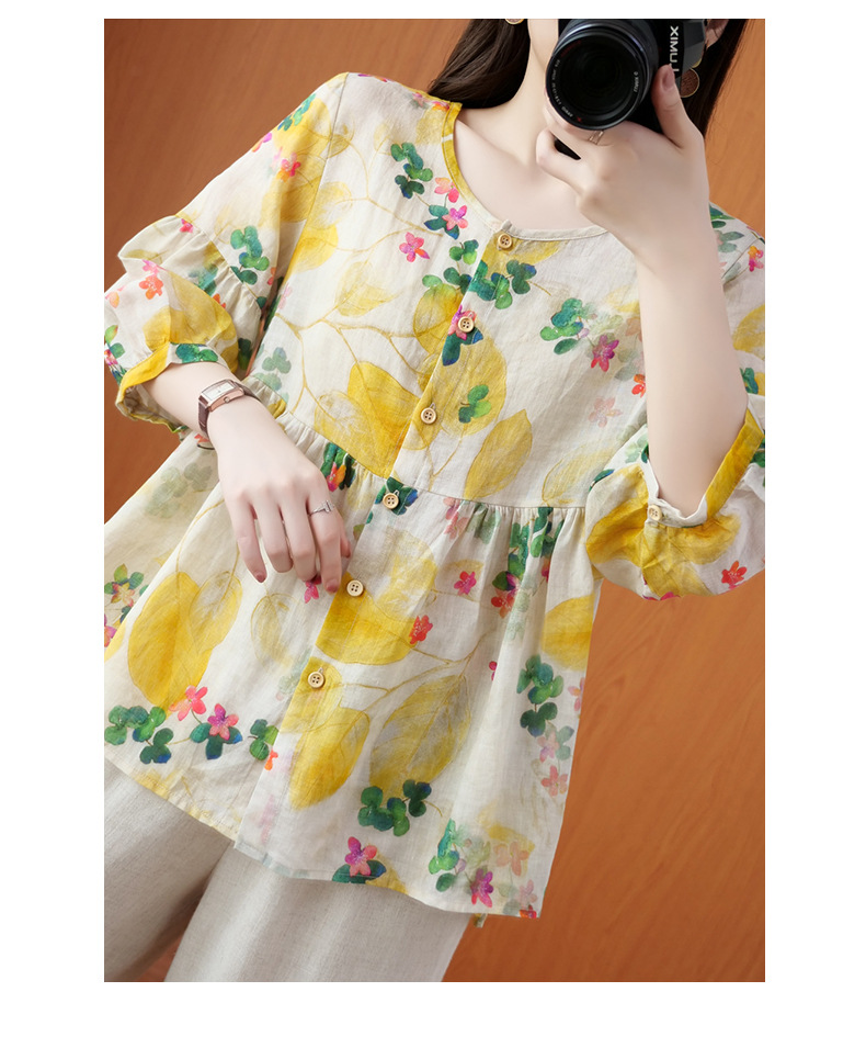 夏新款复古休闲宽松显瘦圆领棉绸短袖印花t恤遮肚减龄娃娃衫上衣