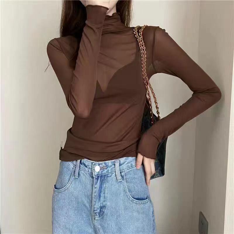 2023 Korean Chic Early Spring New Half Turtleneck Wooden Ear Mesh Base T-shirt Repair See-through Women's Clothes