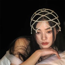 欧式自然时尚新娘婚礼水滴珍珠手工串珠额头链网状头饰发箍演出帽