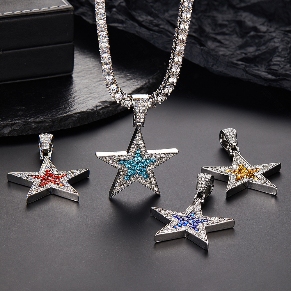 New Hip Hop Five-Pointed Star Color Necklace Pendant Alloy Diamond-Embedded Exquisite Fashion Star Pendant Amazon Exclusive