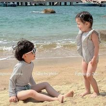 韩国儿童泳衣男女宝宝防晒速干条纹游泳衣兄妹款长袖套装休闲泳衣