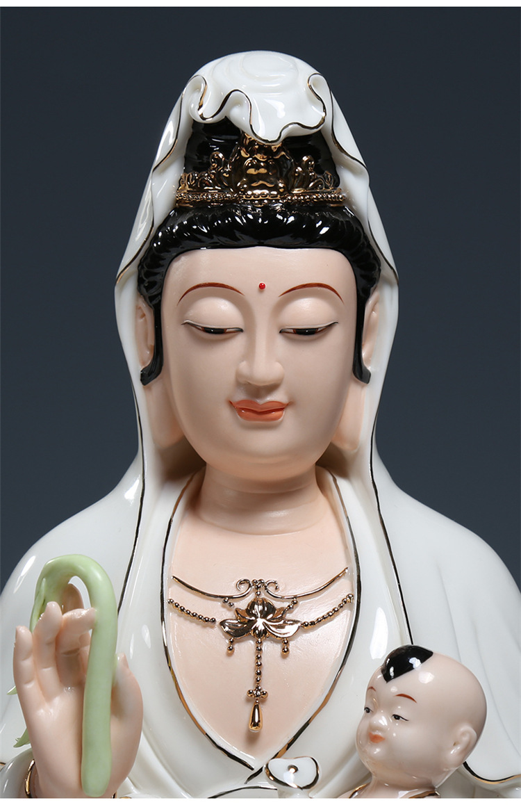 13吋16吋祥云送双子观音佛像供奉观世音菩萨家用佛堂陶瓷桌面摆件