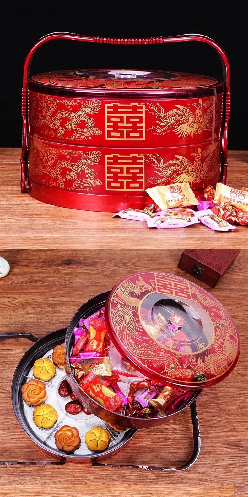 食盒提篮子婚庆饭店圆形点心送餐复古陪嫁双层手提盒子糕点食盒