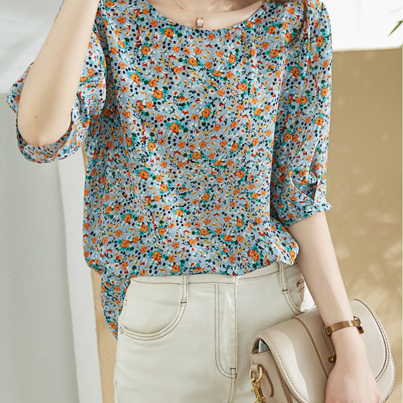碎花雪纺衫女短袖夏季2021新款t恤韩版宽松洋气小衫时尚半袖上衣