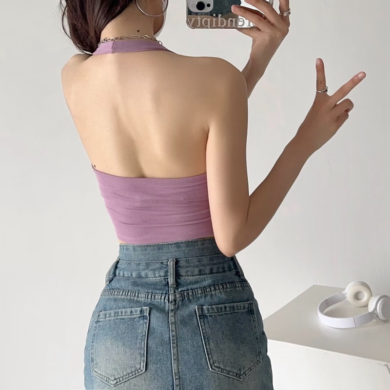 夏季辣妹外穿挂脖带胸垫吊带背心女港味褶皱短款内搭无袖露背上衣