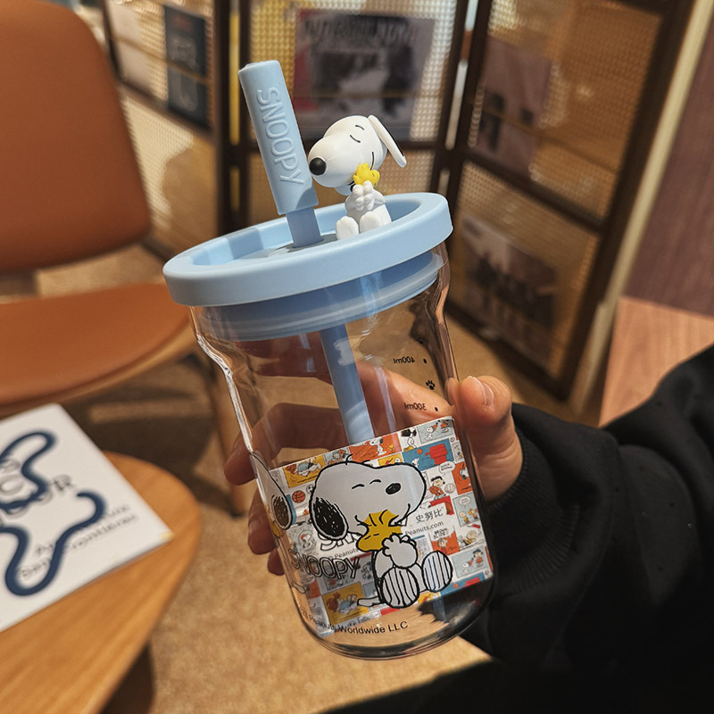 Snoopy High Borosilicate Glasses Girl Good-looking Cute Straw Cup Student Milk Scaled Cup Coffee Cup