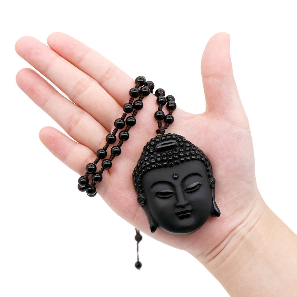 批发现货玉石饰品黑曜石释迦牟尼佛雕刻吊坠玉石挂坠佛头串珠项链