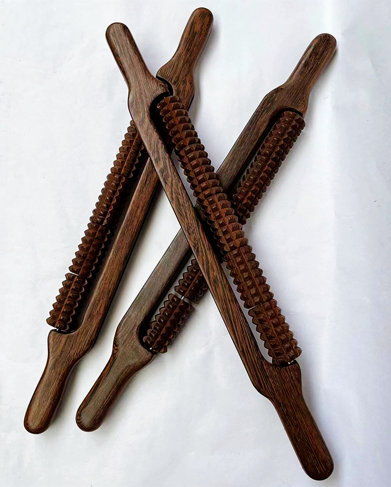 手动推拿背部脊柱穴位按摩棒按摩脊椎滚轮工具推背器双球木制经络