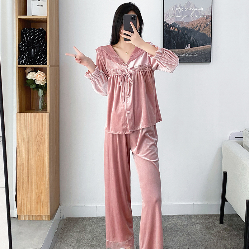 跨境金丝绒睡衣女秋冬季翻领长袖长裤套装宫廷风蕾丝套头家居服可