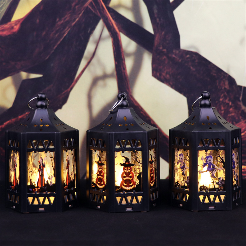 Halloween Decorations Small Oil Lamp Hexagonal Storm Lantern Christmas Retro Portable Mini LED Electronic Candle Light Ornaments