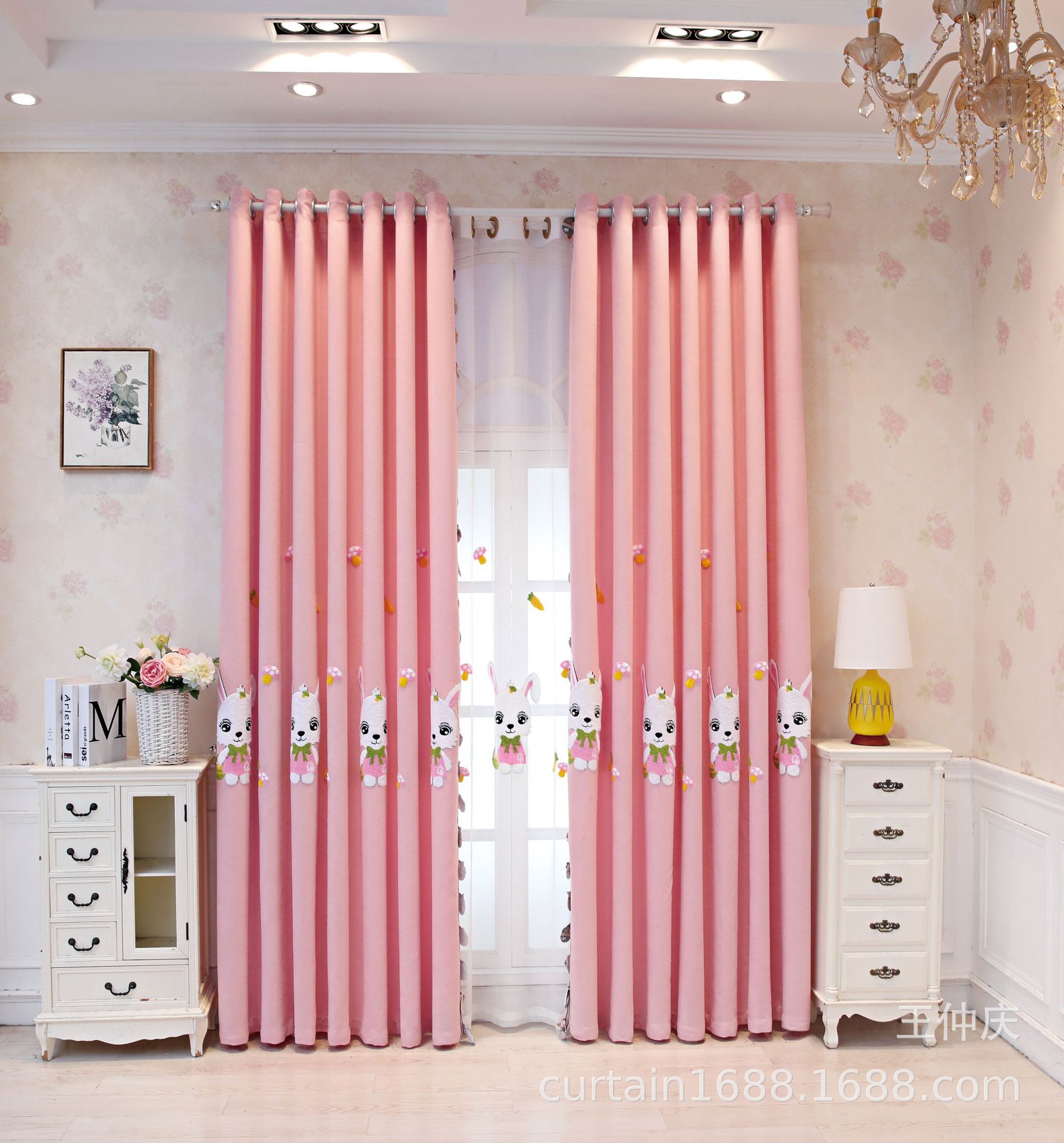 儿童房窗帘绣花遮光成品帘小兔子小白兔卡通男女孩卧室幼儿园飘窗