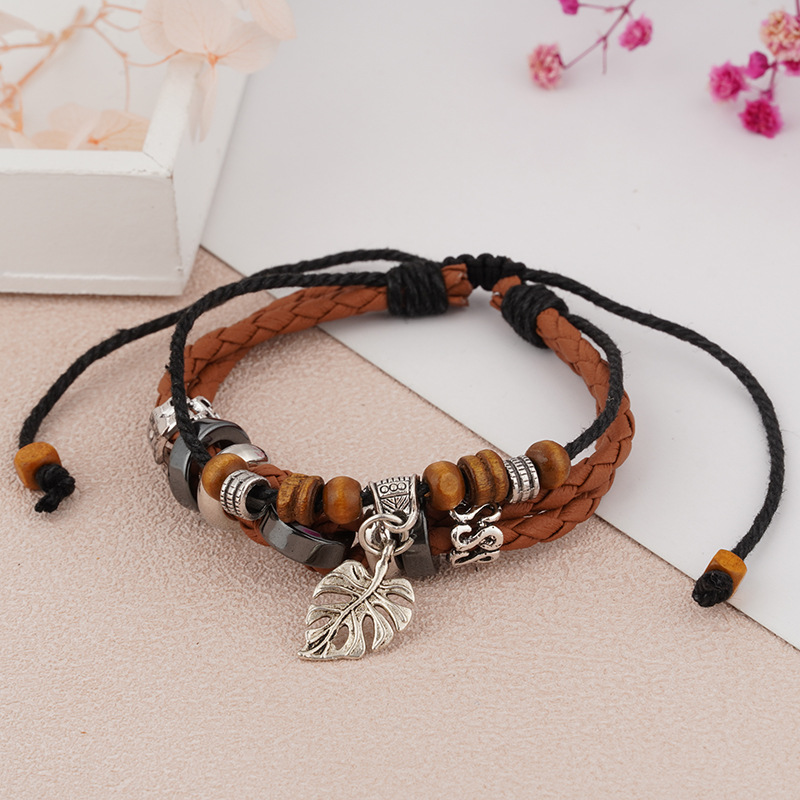 European and American Leisure Vintage Cowhide Hand Weaving Bracelet British Style Men and Women Jewelry Fashion All-Match Cross Leaves