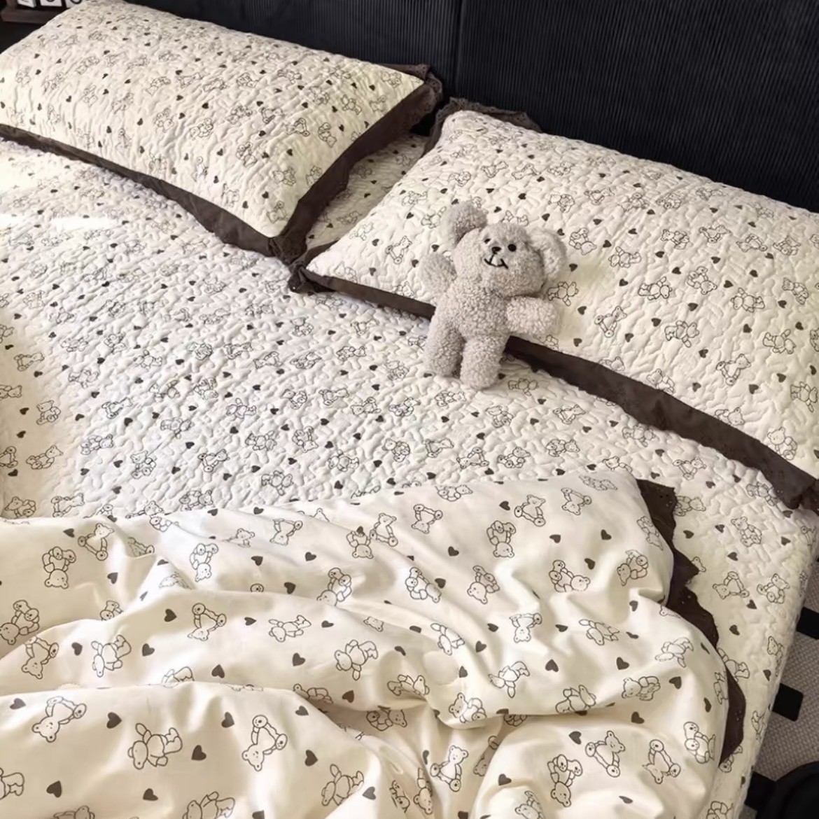 韩式花边纯棉小熊床盖三件套绗缝夹棉床单全棉豆豆春秋被四件套