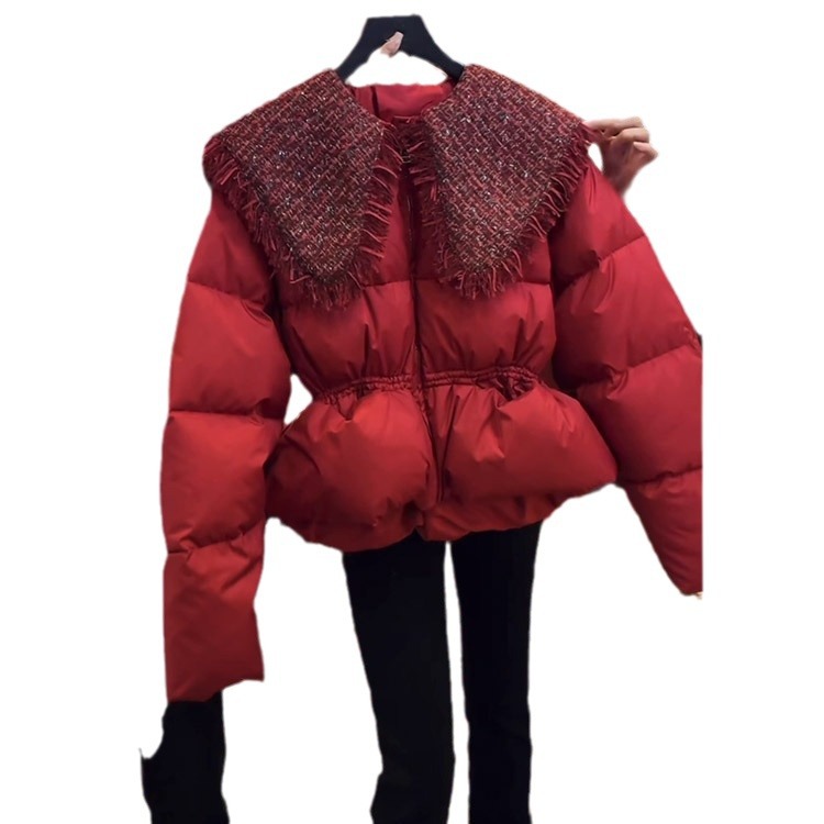 high-end super nice down cotton-padded clothes christmas new year birth year red gold style waist-tight puffer jacket female winter