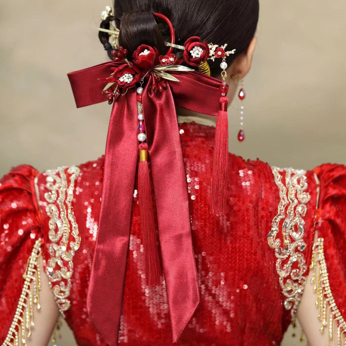 新中式国风红色琉璃发簪头饰流苏珍珠发钗秀禾旗袍礼服后盘发饰品