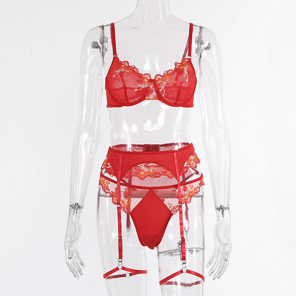 ins网红款欧洲双色立体刺绣三点式性感激情情趣内衣三件套装19475