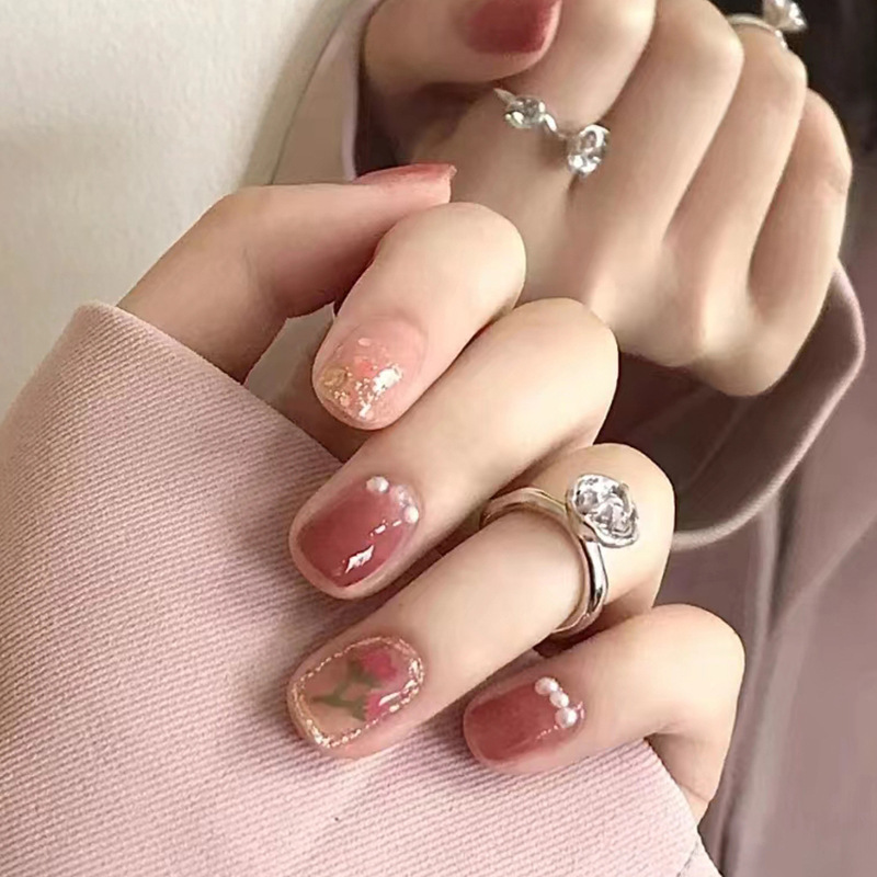 nail stickers short diamond gentle flower pearl grace high sense fake nail tip wear nail wholesale d484