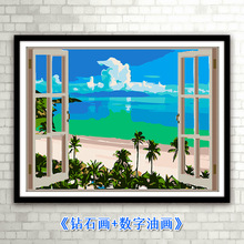 新款5d钻石画满钻diy数字油画窗外海边风景手绘填色画厂家批发