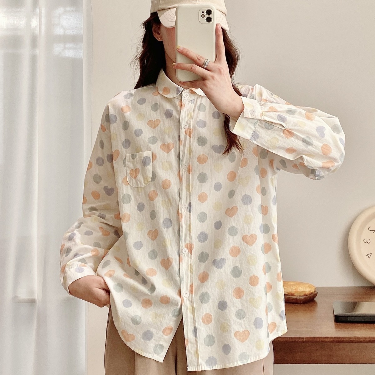 2024春新款爱心印花棉布衬衣翻领长袖宽松休闲衬衫女-阿里巴巴