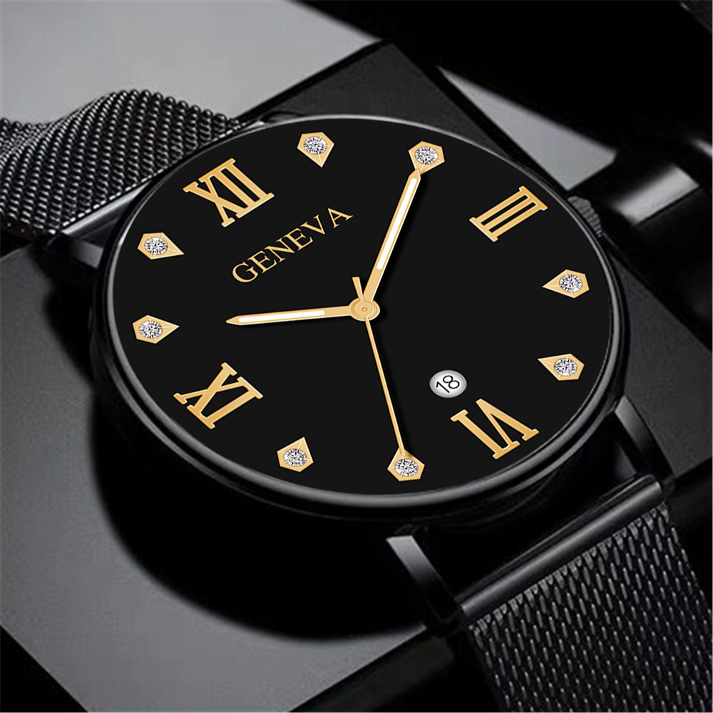 时尚镶钻刻度手表男士创意彩色指针合金网带商务日历石英腕表批发