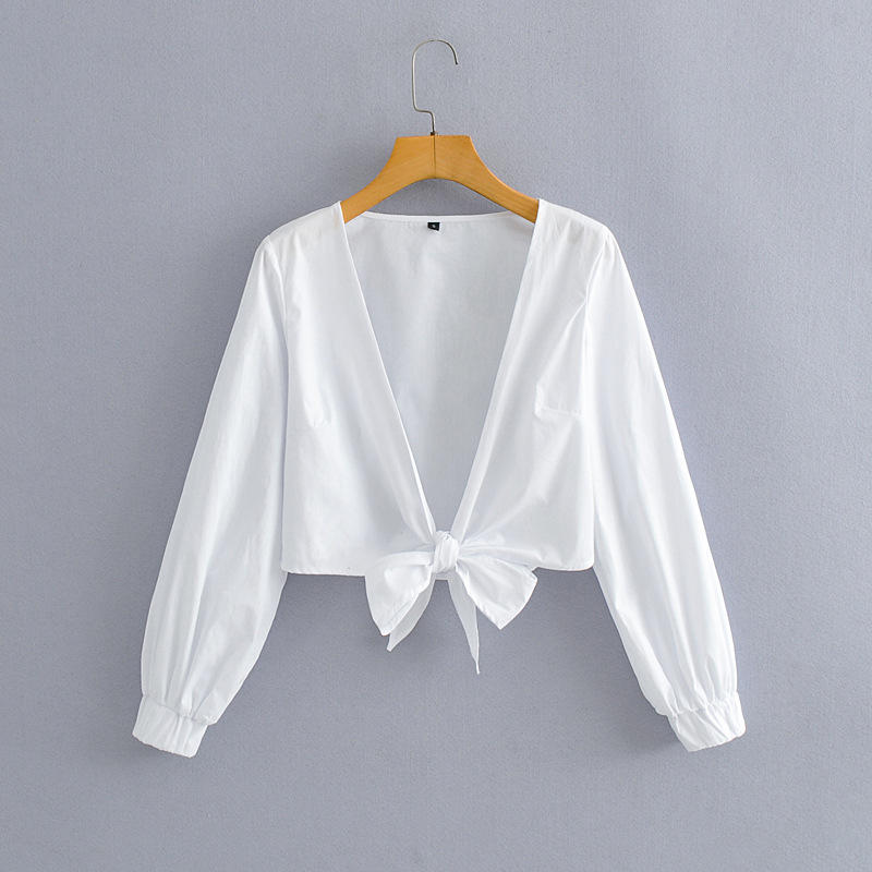 2021夏季女装深v领长袖下摆打结白色休闲防晒衣衬衫女
